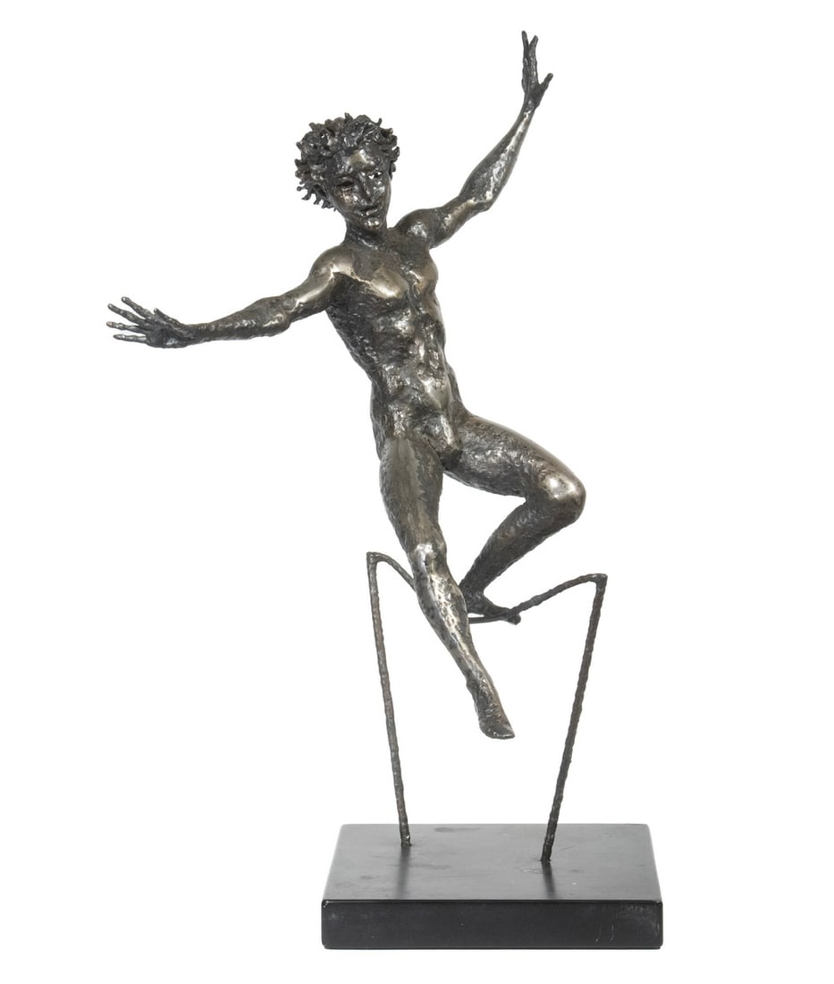 MIDCENTURY DESIGN STEEL FIGURAL SCULPTURE: High Wire Walker, welded steel sculpture depicting a nude male figure balancing on a tightrope, atop a custom black metal base, signed RI under right foot, 24" high, 17" x 11 1/2". Converted dimension
