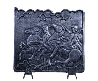 ART DECO STYLE CAST IRON FIRESCREEN W/ CLASSICAL GREEKS DECOR, LOOSE FEET