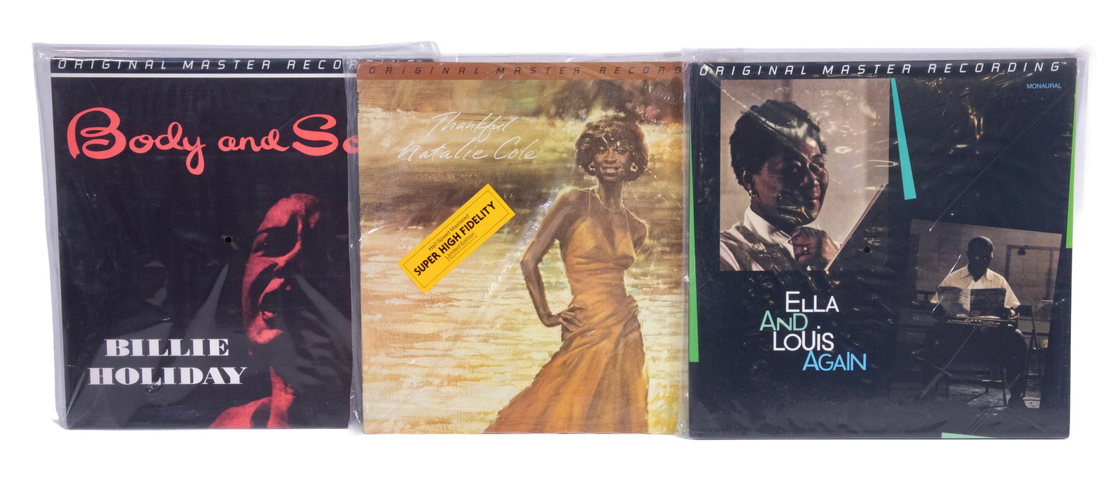 (3) ORIGINAL MASTER RECORDINGS: BILLY HOLIDAY "BODY & SOUL" #729/5000, NATALIE COLE "THANKFUL", ELLA & LOUIS "AGAIN" #3175/5000 From the private collection of Herb Belkin, the former president of Mobile Fidelity Sound Lab. Each viny