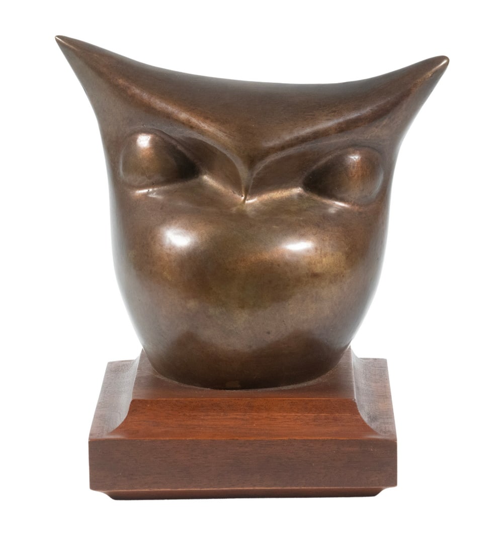 BENIAMINO BUFANO (CA/ITALY, 1898-1970): The Owl, cast and patinated bronze, signed in the casting, mounted on a wood base. Includes letter from Robert Noble, owner of Lifetime Arts & Crafts Gallery of Glendale, California, indicating this c