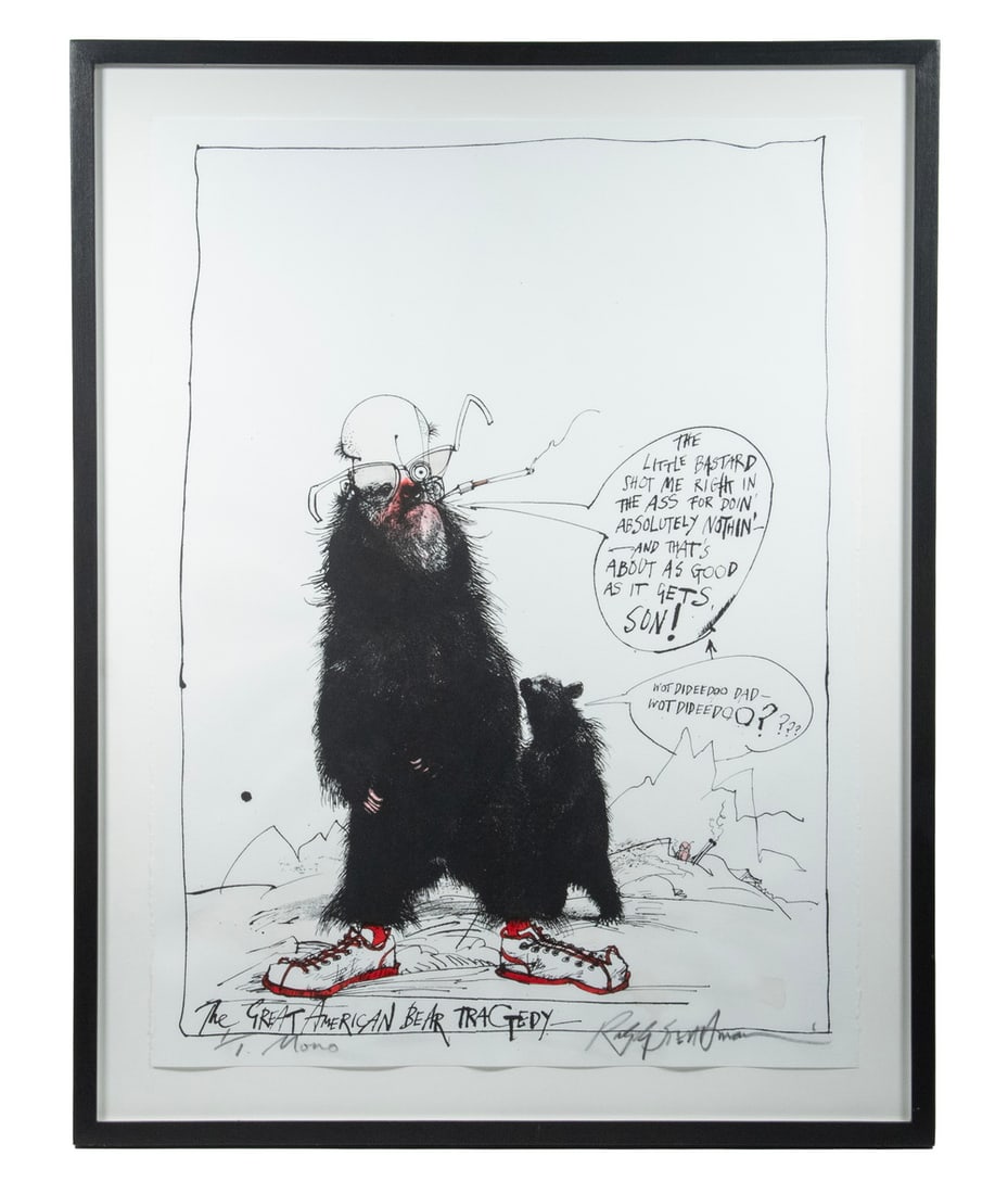 RALPH STEADMAN (UK, 1936 - ): The Great American Bear Tragedy edition of 26 mono-print silkscreen on White Rising Stonehenge cotton paper 22 x 30 inches. Each print has been hand colored by the artist making each silkscreen unique