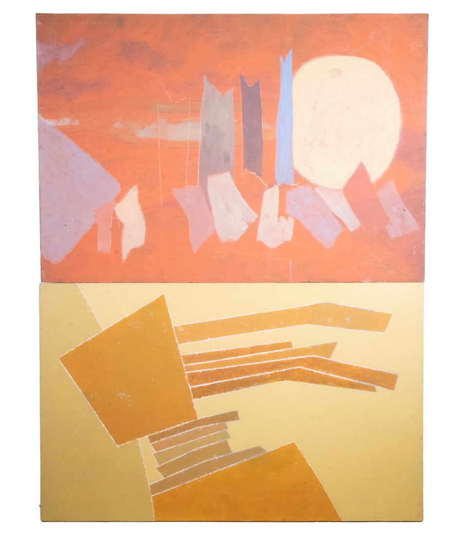 LEE GATCH (NY/NJ, 1902-1968): (2) Lyrical Geometric Abstracts, one of which is signed 'Gatch' verso, oil on masonite with pine returns, 30" x 48" & 33" x 38".Gatch studied at the Maryland Institute under John Sloan and Leon Kroll.