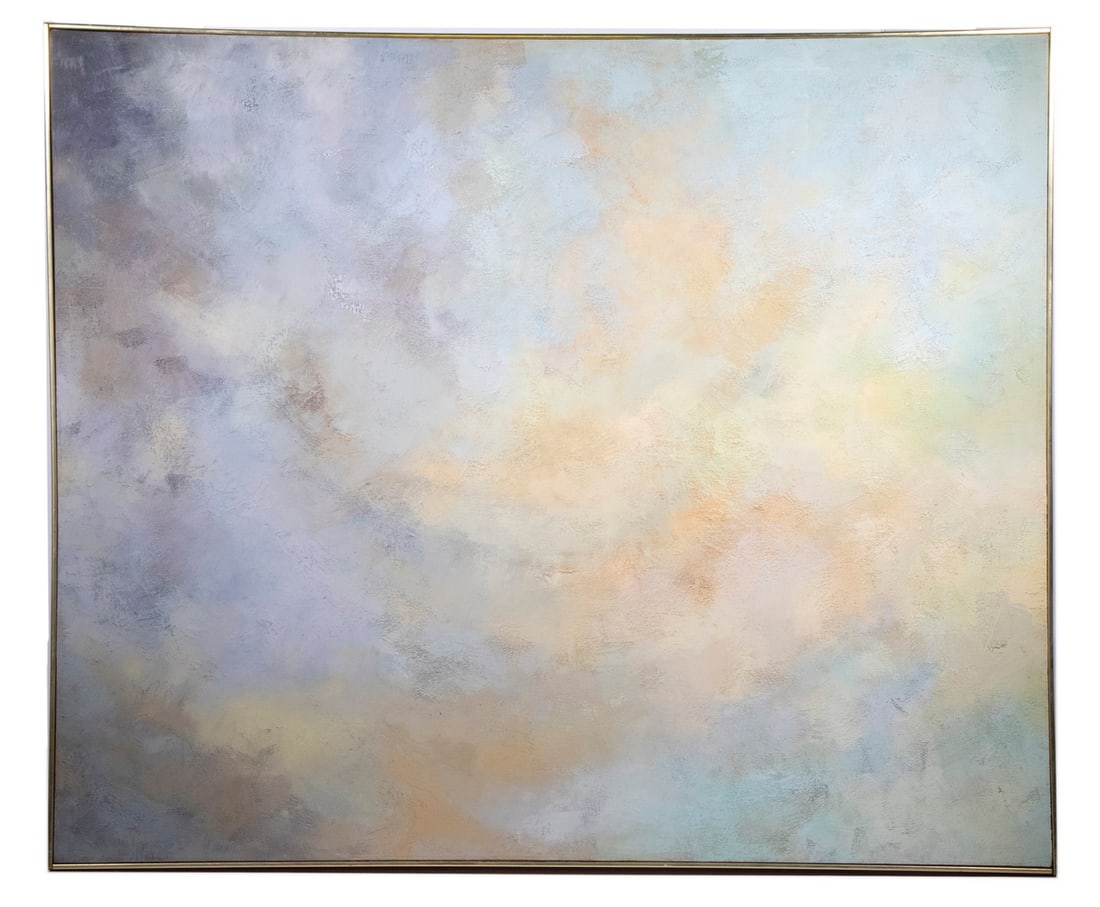 SYRIL FRANK (NY, 1929-2021): Acapulco Sunset, oil on canvas, signed, titled and dated 1966 verso, in mahogany slat frame with brass leading edge, OS: 50 1/2" x 60 1/2", SS: 50" x 60". Linear impression upper right. Converted dime
