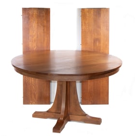 STICKLEY ROUND OAK PEDESTAL DINING TABLE WITH LEAVES