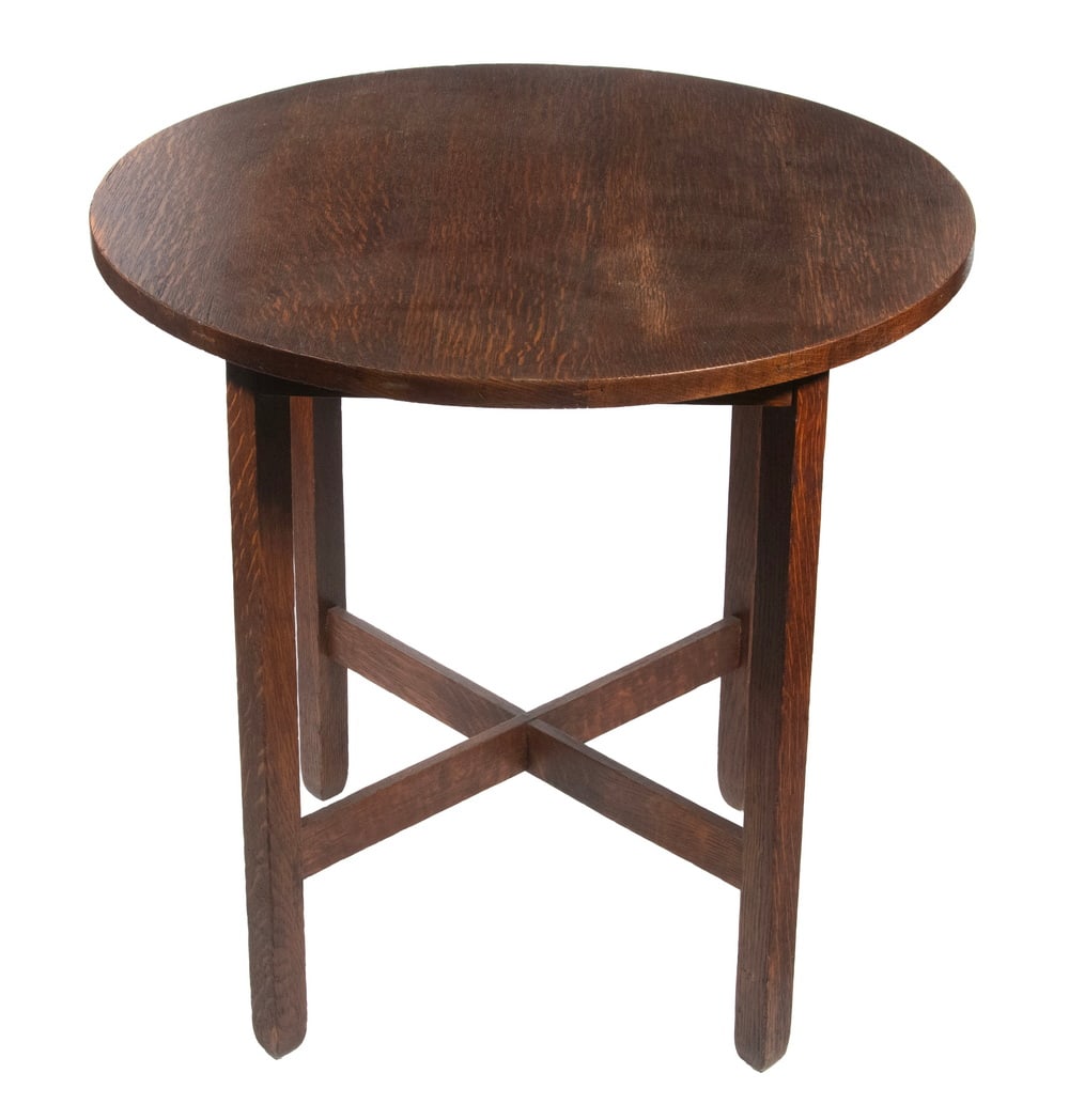 STICKLEY / QUAINT FURNITURE OAK SIDE TABLE: Circa 1910 Mission Quartersawn Oak Round Table, with cross-stretcher base, Quaint Furniture Co., Grand Rapids, MI paper label affixed to base, 24" high, 24" diam. Converted dimensions: 24 x 24 in. (61