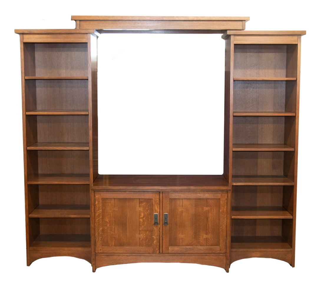 STICKLEY (5 PC) OAK ENTERTAINMENT CABINET: Custom Mission Style Bookcase & Electronics Cabinet, in quartersawn oak, by Stickley Furniture (Manlius, NY and Archdale, NC), with two six-shelf bookcases (each with two fixed and four adjustable she