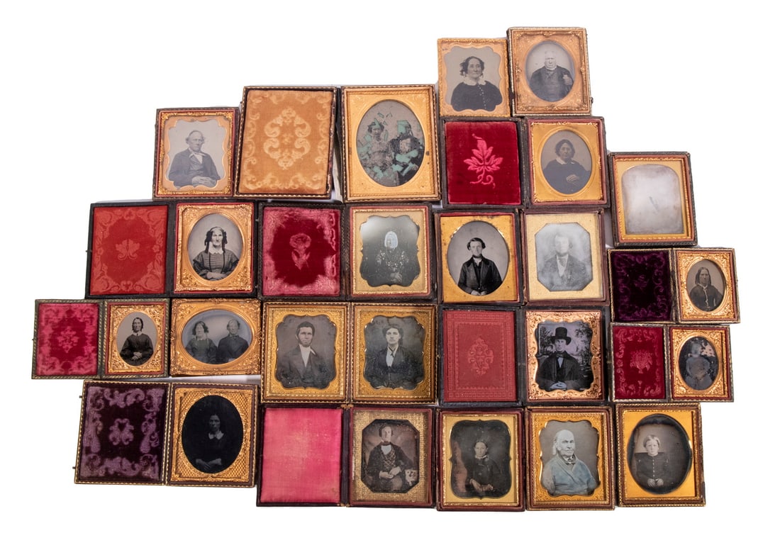 GROUP OF (25) 19TH C. CASED PHOTOS: Consisting of (7) Daguerreotypes (2 are paired in one case); PLUS (4) Ambrotypes & (14) Tintypes, in cases of varying condition, all but a few of the photos are good to very good.