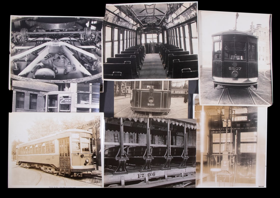 (25) ORIGINAL 8x10 PHOTOS CA 1910 MASS. TRANSIT TROLLEY CARS: Some technical photos, exteriors (with storefronts) but mostly interior views, many with notations of towns including: Arlington Heights, Milton, Medford, East Boston, Newburyport & Mason, two are dat