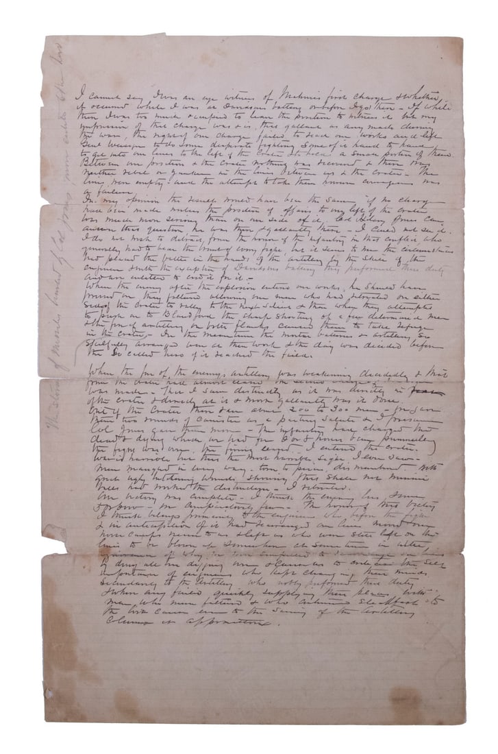 CONFEDERATE POINT OF VIEW OF "THE CRATER" AT PETERSBURG, HANDWRITTEN BY CSA CAPT D.N. WALKER, 13TH: Written in 1885 (as referenced in the text), then published in 1892, (in a cleaned up version); this draft written on both sides of a single large sheet, probably by Walker himself. The Crater, under 