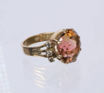 ANTIQUE CITRINE AND DIAMOND LADIES RING: Antique Ring with citrine center stone flanked with (3) diamonds on each side, size 6 1/4. Dimensions Ring Size: 6 1/4