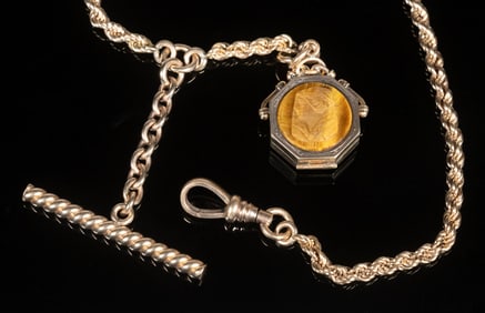 VINTAGE GOLD FILLED WATCH CHAIN WITH BANDED STONE FOB