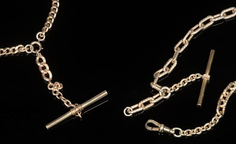 (2) VINTAGE GOLD FILLED POCKET WATCH CHAINS, ONE SINGED "OMC"