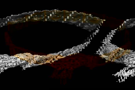 GILDED SILVER & SCENIC NIELLO WORK BELT, 31": Gilded Silver and Scenic Niello Work Belt with (15) separate panels, Persian hallmarks, 10.7 ozt, 31" long, 1 1/4" wide. Dimensions 31 x 1 1/4 in. (78.7 x 3.2 cm.)