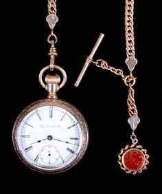 ELGIN OPEN FACE POCKET WATCH WITH CHAIN AND FOB