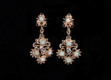 PR 14K YELLOW GOLD, OPAL AND DIAMOND EARRINGS