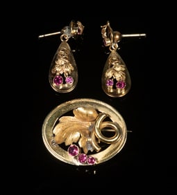 FRENCH 14K GOLD TOURMALINE BROOCH AND EARRING SET