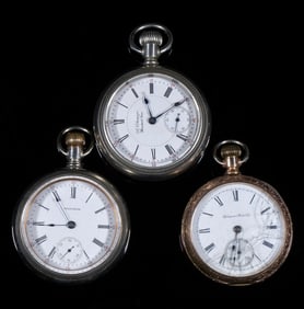 (3) AMERICAN OPEN FACE 18-SIZE POCKET WATCHES