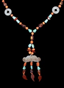 CHINESE CARVED WHITE JADE, CORAL AND HARDSTONE NECKLACE