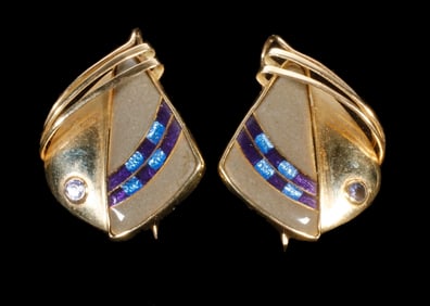 14K GOLD BRESKY DESIGN ENAMEL & AMETHYST EARRINGS