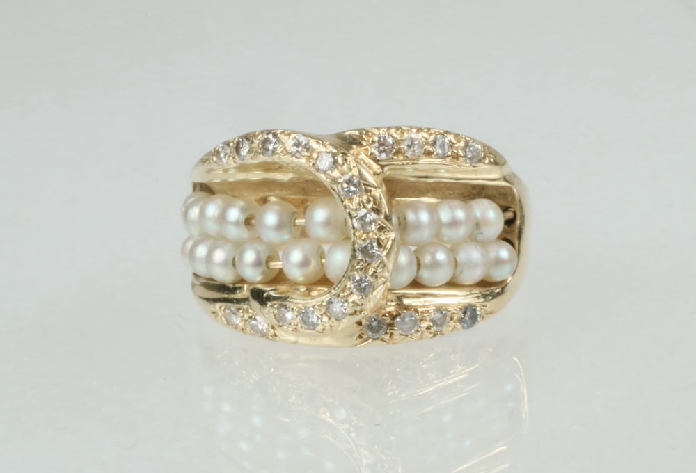 ROSS SIMONS, 14K GOLD, PEARL AND DIAMOND LADIES RING (1 of 4)