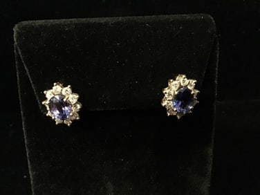 14K GOLD, DIAMOND AND IOLITE EARRINGS
