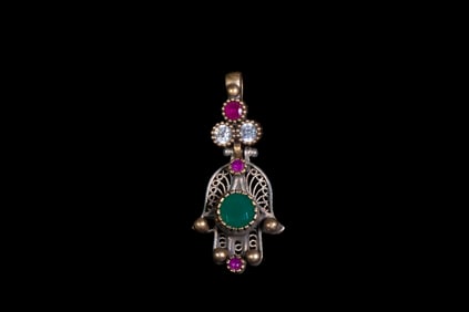 SILVER, GOLD AND RUBY HAMSA PENDANT