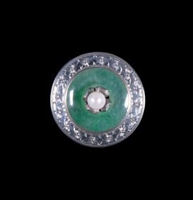 VINTAGE STERLING, JADE AND PEARL BROOCH