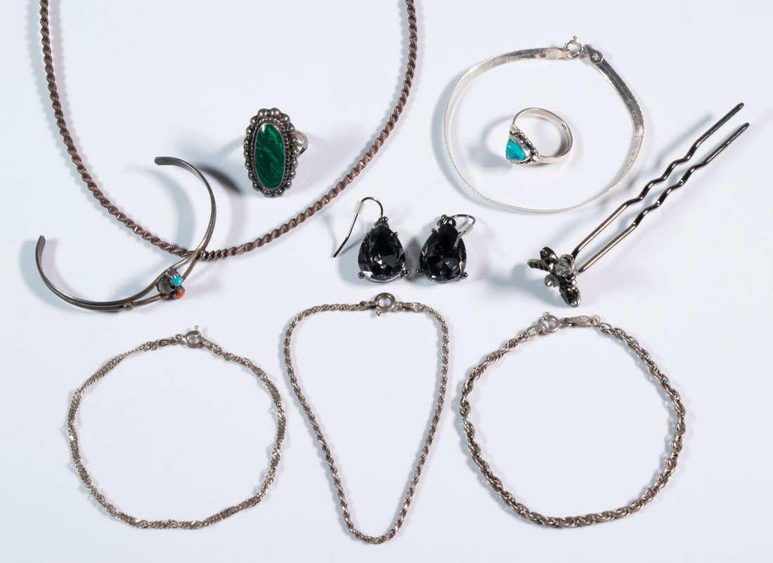 (10 PC) STERLING JEWELRY COLLECTION: Including: (4) Sterling silver link bracelets, 7" long; (1) Sterling link necklace, 18" long; Child's sterling cuff bracelet, set with turquoise and red coral stones, 2" x 1 1/2"; (2) Sterling and tur