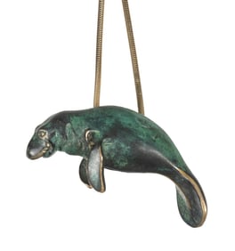 SIGNED BRONZE MANATEE PENDANT WITH GILT STERLING CHAIN