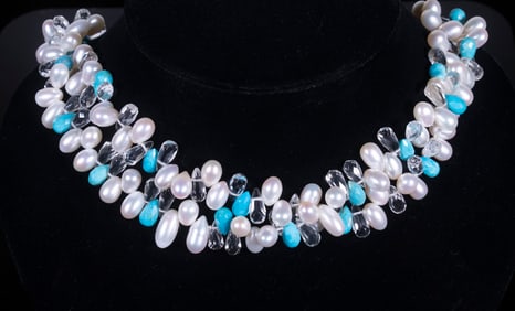 PEARL, TURQUOISE & CRYSTAL BEAD NECKLACE