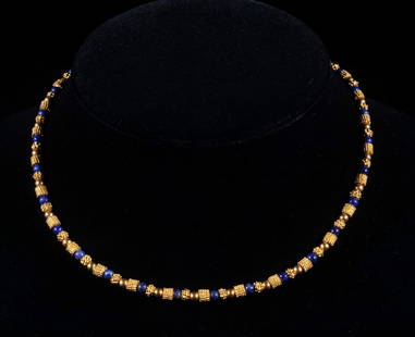 LAPIS BEAD NECKLACE: 18" Long Necklace, of lapis lazuli and gold-plated beads. Good condition. Dimensions Length: 18 in. (45.7 cm.)