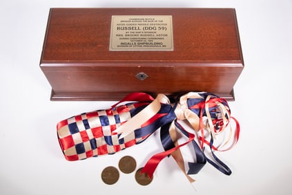 CASED US NAVY CEREMONIAL LAUNCHING BOTTLE FROM BROOKE ASTOR