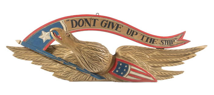 BELLAMY EAGLE PLAQUE: Carved and Painted American Pine Plaque, by John Haley Bellamy (1836-1914), with right-facing relief carved gilded eagle, arched banner above with "Don't Give Up the Ship", stars and stripes shield be