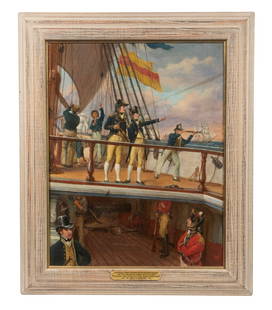 THOMAS DAVIDSON (UK, 1842-1919): "Admiral Lord Nelson with Captain Hardy on the Quarter Deck of 'Victory' During the Chase to the West Indies", oil on canvas, monogram lower right, titled on brass frame tag, in modern weathered frame