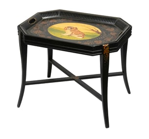 TOLE PAINTED TRAY ON STAND AS COFFEE TABLE