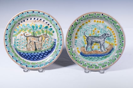 PR MEXICAN HAND-PAINTED POTTERY DOG PLATES BY GORKY GONZALEZ