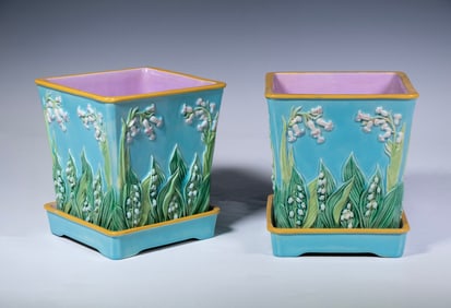 PR GEORGE JONES MAJOLICA LILY OF THE VALLEY JARDINIERES, 19TH CENTURY