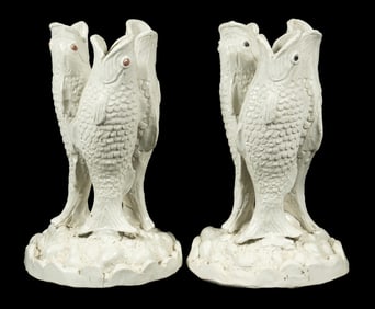 PR MAJOLICA TRIPLE FISH VASES