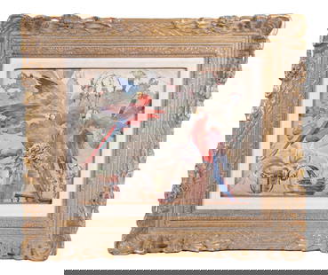 CHARLES BASKERVILLE, JR. (NY/NC, 1896=1994): A Pair of Red Scarlet Macaws among potted cactus, watercolor on paper, illegibly signed lower left, the bird on right is appliqued, in modern carved gold frame with linen liner, under glassFrom the es