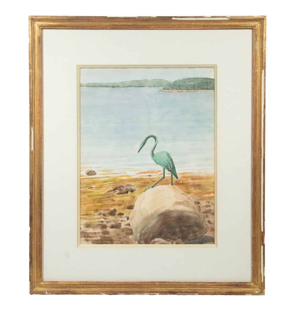 CHARLES BASKERVILLE, JR. (NY/NC, 1896=1994): "At the Japanese Tea House, August 06, 1976", watercolor on paper, depicting a green crane, symbolizing peace, on the shore on the anniversary of Hiroshima. Signed and inscribed lower left "For Brooke