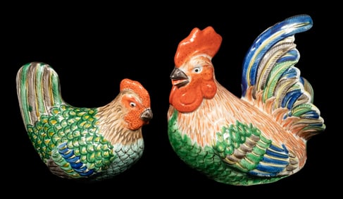 CHINESE PORCELAIN ROOSTER & CHICKEN FIGURES