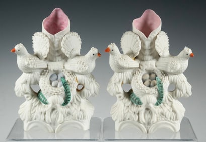 PR STAFFORDSHIRE-STYLE POTTERY SPILL VASES WITH DOVES AND SERPENT
