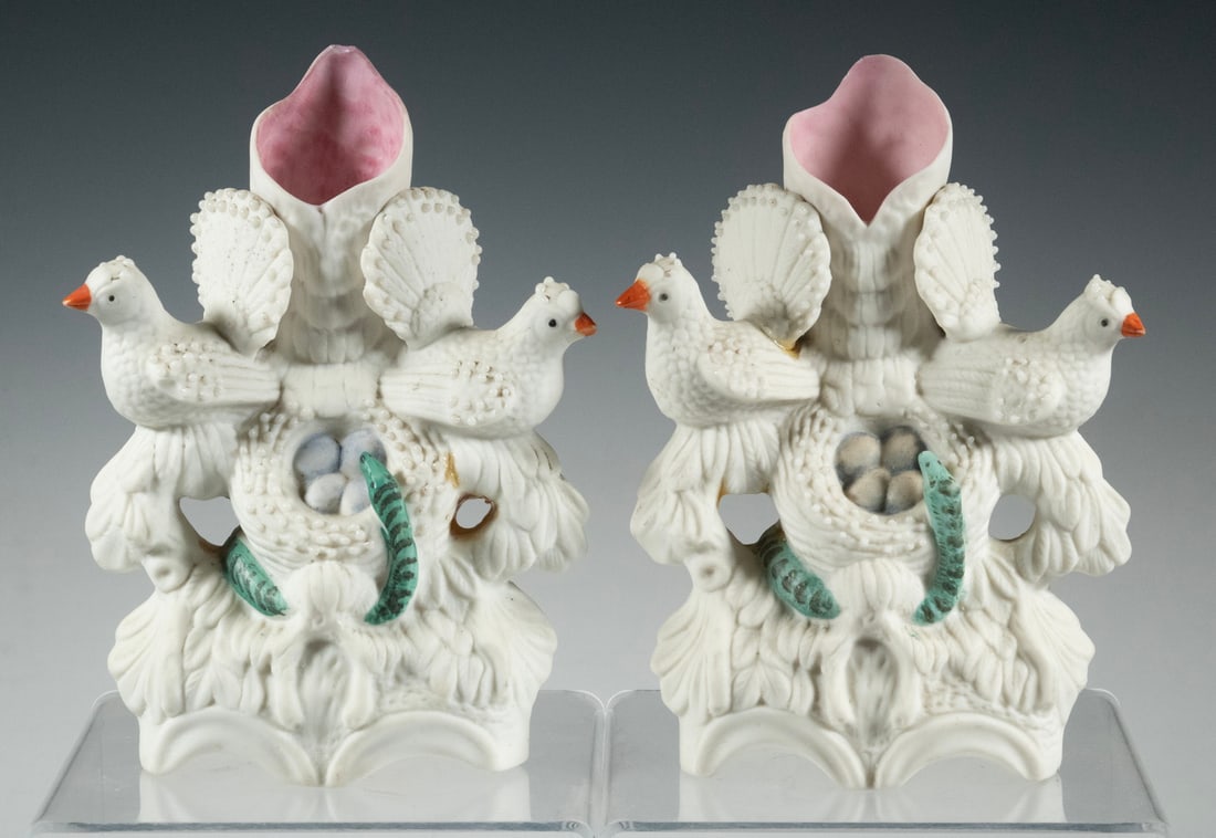 PR STAFFORDSHIRE-STYLE POTTERY SPILL VASES WITH DOVES AND SERPENT (1 of 3)