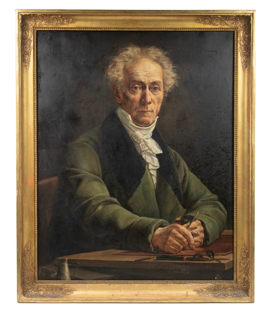 JOSEPH DUCREUX (FRANCE, 1735-1802): "Portrait of an Engraver", oil on canvas, unsigned, title derived from tools subject is using. Label from J. Chenue, 22 Monmouth St, London. Retaining the original stretcher, in the original gilt matc