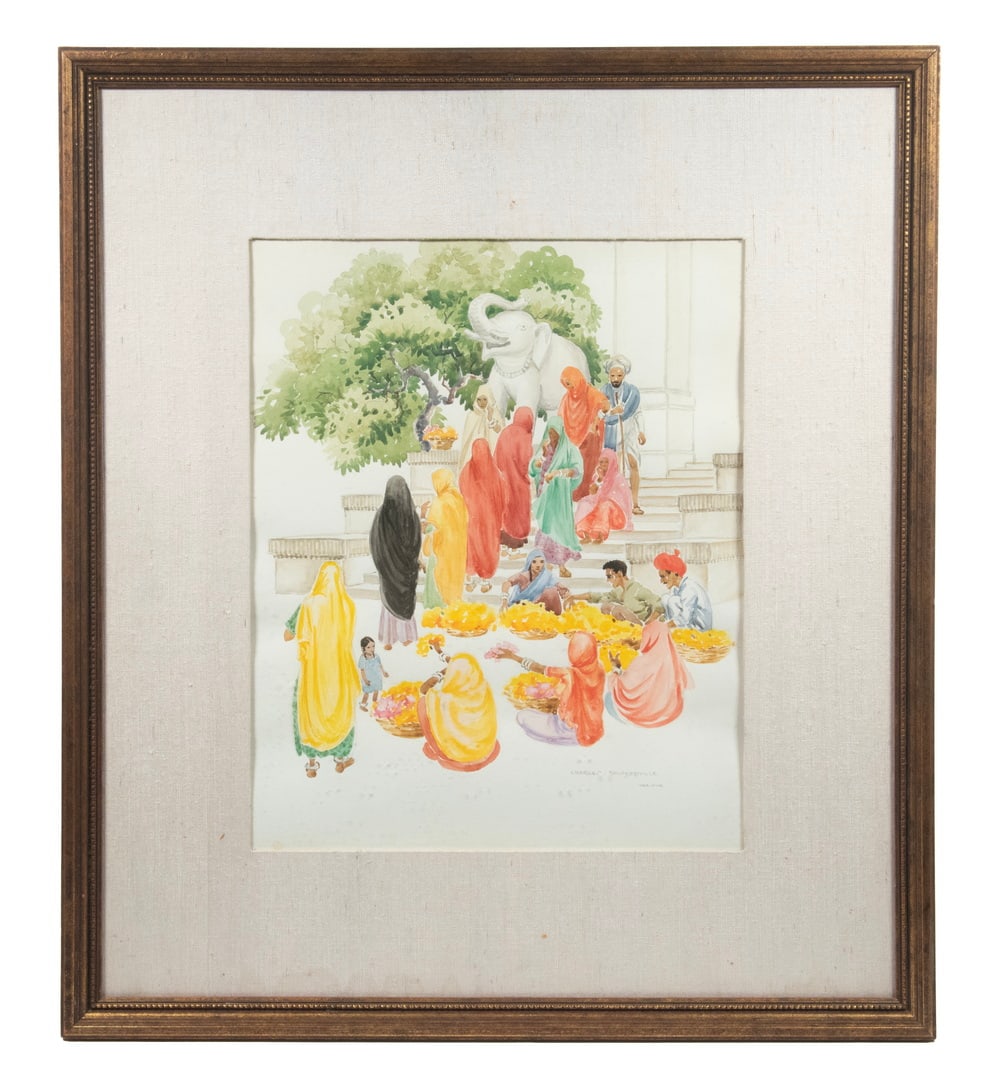 CHARLES BASKERVILLE (NY/NC, 1896-1994): "Temple Steps in Udaipur, Rajasthan, India", watercolor on paper, signed lower right and marked with location, in gold stick frame, matted under glass.From the estate of Brooke Astor at her summer res