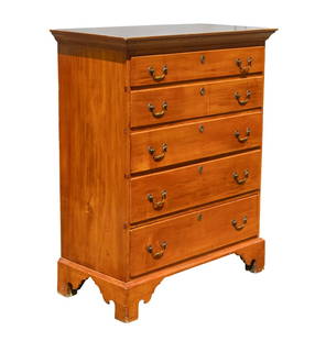 COUNTRY CHIPPENDALE FIVE-DRAWER MAPLE CHEST: New England Cove Top, containing five graduated molded edge drawers, retaining the original brasses.From the estate of Brooke Astor at her summer residence in Northeast Harbor, Maine. 48 x 39 x 19 in.