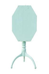 HEPPLEWHITE TILT TOP CANDLESTAND IN GREEN PAINT: 18th c. Mahogany Stand in green paint, having a six-sided oblong top with latch, having urn turned stanchion, arched tripod base ending in cuff feet.From the estate of Brooke Astor at her summer resid