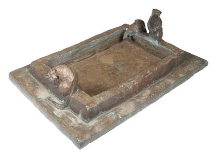 AGNES YARNALL (PA, 1904-1998): Rectangular Birdbath with Three Mice, cast bronze, with glass eyes, signed and dated 1974.From the estate of Brooke Astor at her summer residence in Northeast Harbor, Maine. 8 x 12 x 15 in. (20.3 x 30