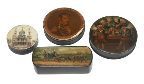 (3) 18TH C. PAINTED & (1) PRINTED 19TH C. SNUFF BOXES
