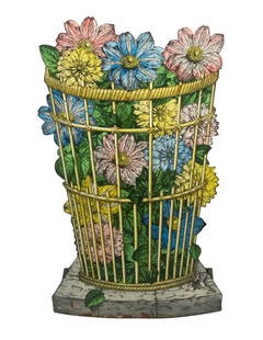 CIRCA 1900 FRENCH ENAMELED METAL UMBRELLA STAND: Curved Front Enameled Curved Front Stand in the form of a basket of flowers on a stone curb, unsigned.From the estate of Brooke Astor at her summer residence in Northeast Harbor, Maine. 29 x 17 x 7 in